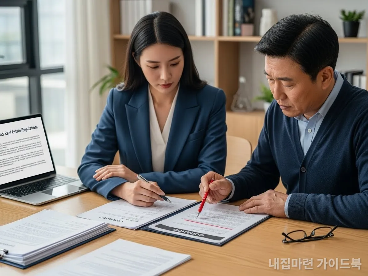 2026년 개정된 부동산 계약서를 꼼꼼히 확인하는 한국인 매도인과 중개사