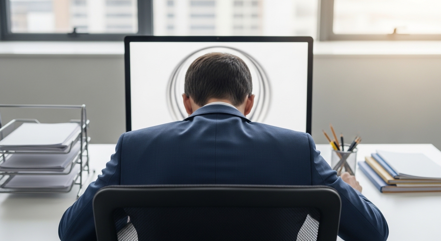 사무실 책상 앞에서 모니터 속으로 빨려 들어갈 듯 목을 내밀고 있는 직장인의 뒷모습