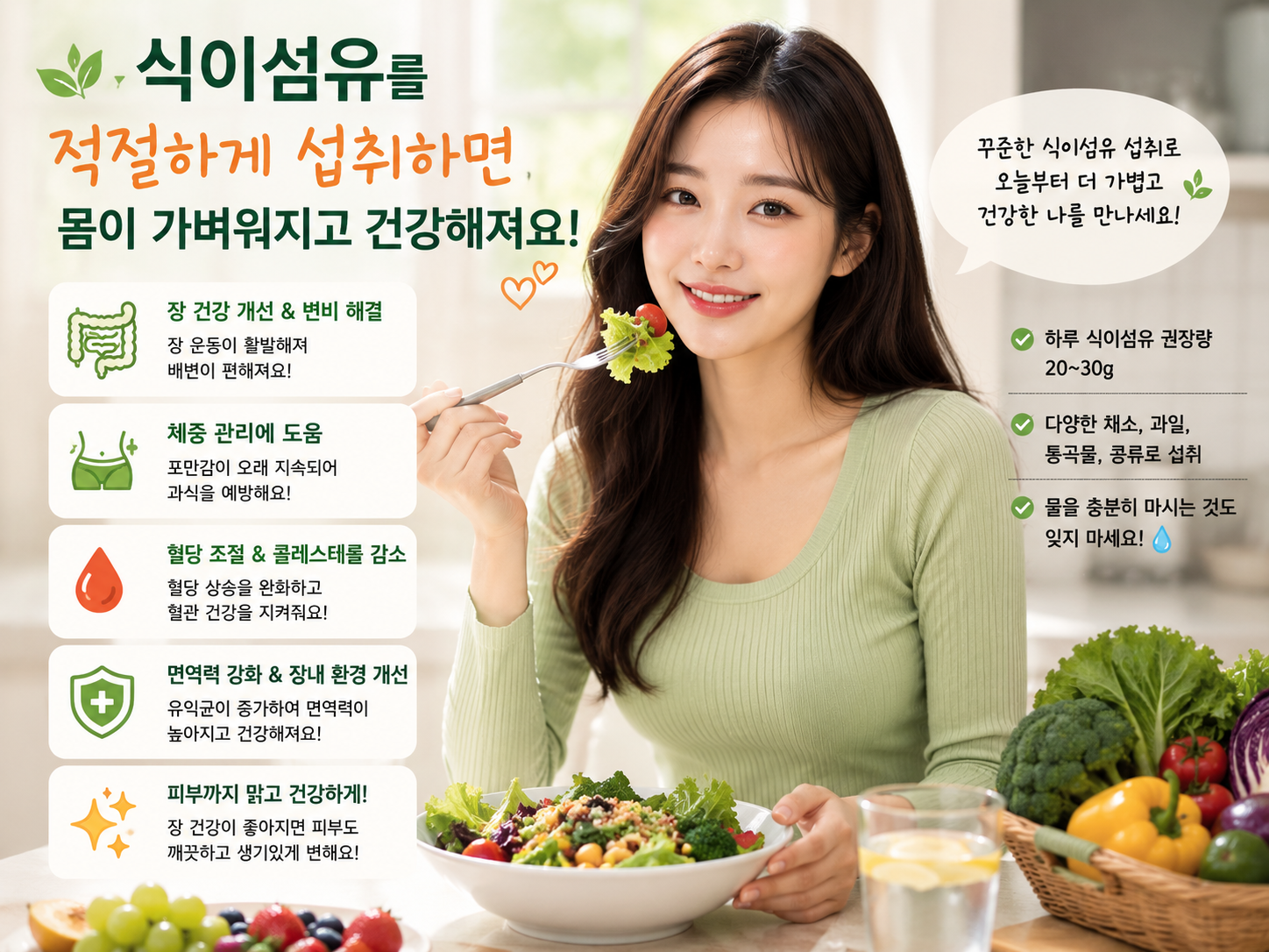 식이섬유 적절히 섭취 시 건강에 도움이 되는 부분