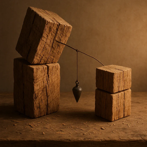 나무 블록 사이에 매달린 추가 균형을 상징하는 정물 장면