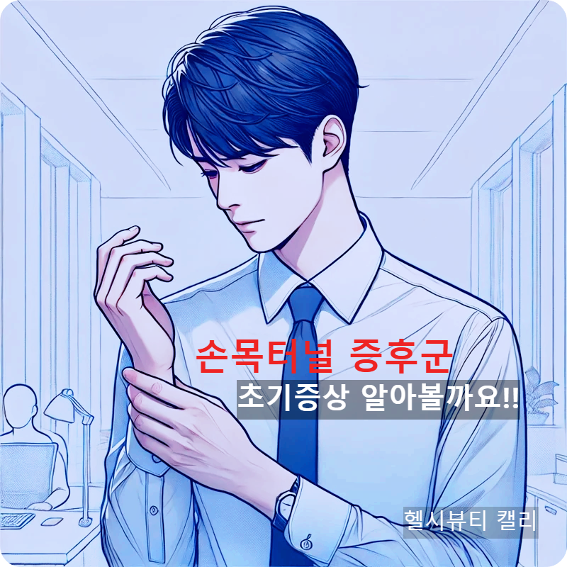 손목을 살펴보며 증상을 점검하는 20대 한국 직장 남성