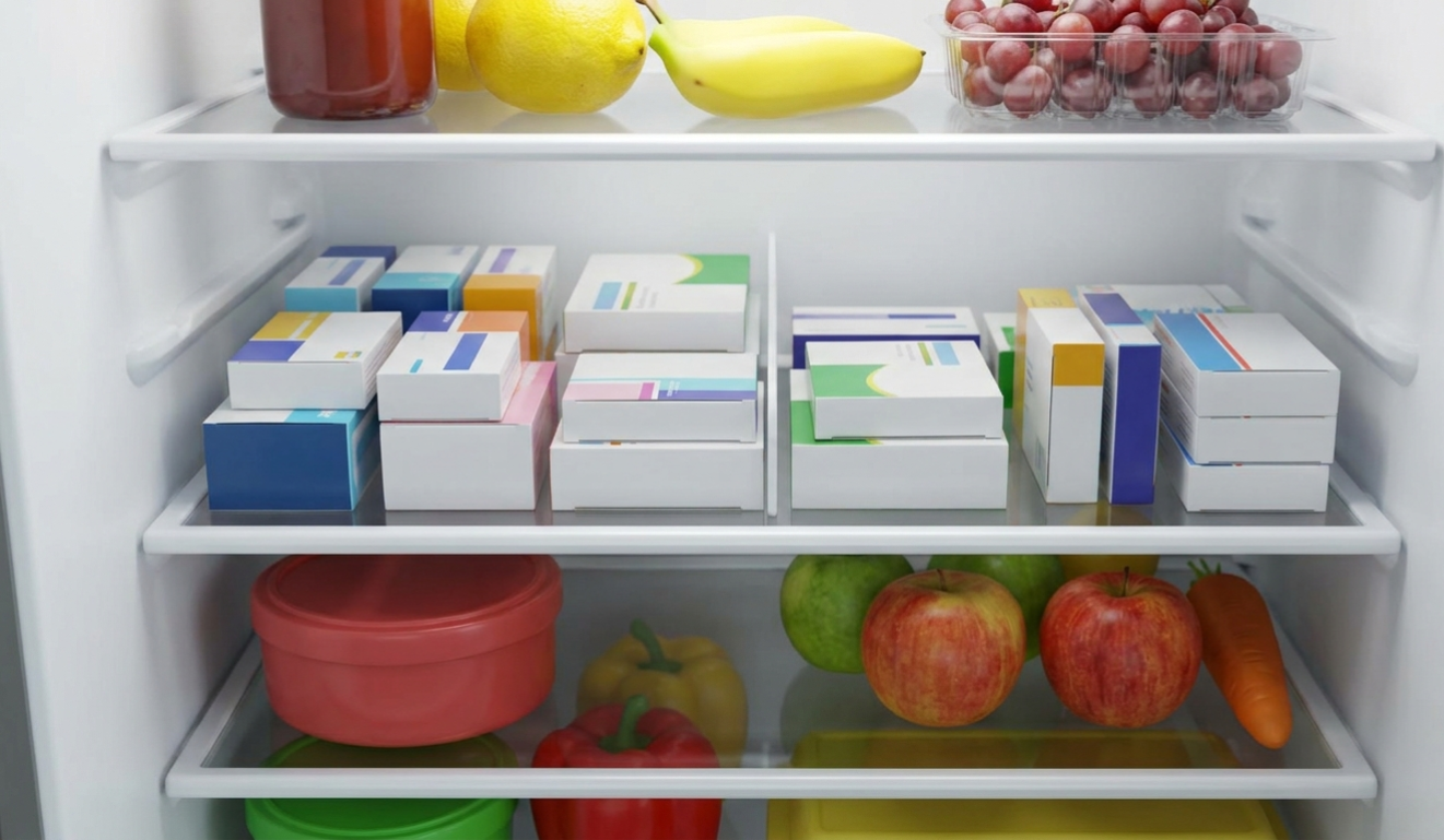 식품과 분리하여 작은 약 상자들이 정리된 냉장고 선반 내부