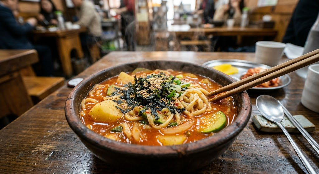 활기찬 한국 식당 내부를 배경으로, 투박한 뚝배기에 담겨 김이 모락모락 나는 얼큰한 장칼국수 한 그릇이 나무 테이블 위에 놓여 있습니다. 걸쭉하고 붉은 고추장 국물 속에는 쫄깃한 칼국수 면발, 두툼하게 썬 감자, 애호박, 양파가 푸짐하게 어우러져 있고, 그 위로는 김가루, 깨, 잘게 썬 쪽파 고명이 소복이 올라가 입맛을 자극합니다. 뚝배기 오른쪽에는 나무 젓가락이 놓여 면을 집어 올릴 준비가 되어 있으며, 그 뒤로 김치, 단무지, 물컵, 숟가락 등 정갈한 상차림이 보입니다. 배경으로는 따뜻한 조명 아래 다른 손님들이 식사를 즐기는 모습이 흐릿하게 처리되어, 식당의 활기차고 정겨운 분위기를 느낄 수 있습니다.