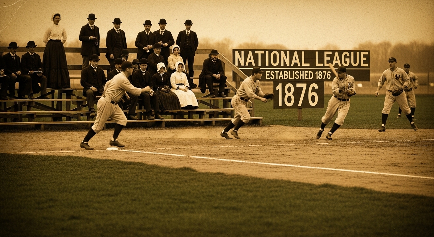 1876년 내셔널리그 창설 당시의 야구 경기 모습. 빈티지 유니폼을 입은 선수들과 목재 관중석, 옛 분위기의 경기장.