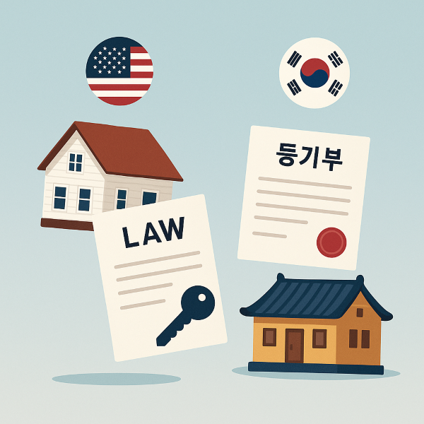 미국과 한국의 부동산 거래 시스템을 상징적으로 표현한 일러스트. 왼쪽에는 하늘에 떠 있는 미국 스타일 주택과 법률 서류가, 오른쪽에는 지면에 안정적으로 앉아 있는 한국 스타일 아파트와 등기부 서류가 그려져 있다. 부동산 소유와 법적 보호의 차이를 부드럽게 보여준다.