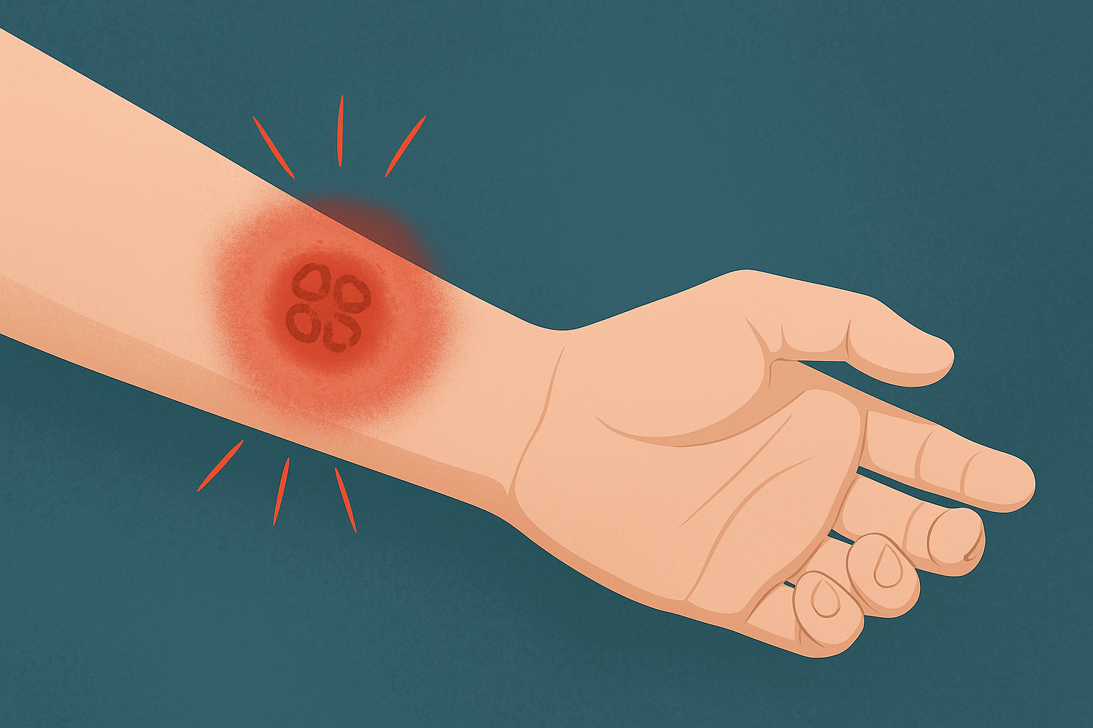 팔 안쪽 피부에 붉은 해파리 쏘임 자국이 보이는 위험 강조 일러스트