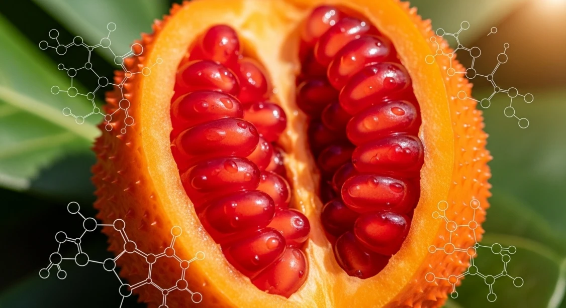 잘 익은 걱 열매가 잘린 모습과 그 안에 풍부한 라이코펜 분자가 과학적으로 표현된 이미지