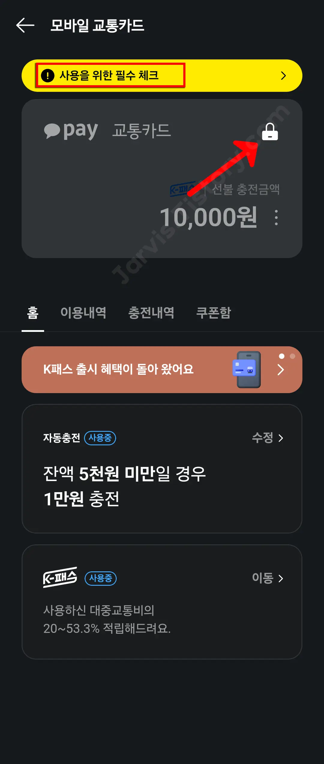 교통카드가 회색으로 표시되어 있음 카드 오른쪽 상단에 자물쇠(🔒) 아이콘이 있음 ‘사용을 위한 필수 체크’라는 메시지가 표시됨