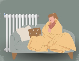 에너지바우처 신청. 이불을 두르고 있는 그림.