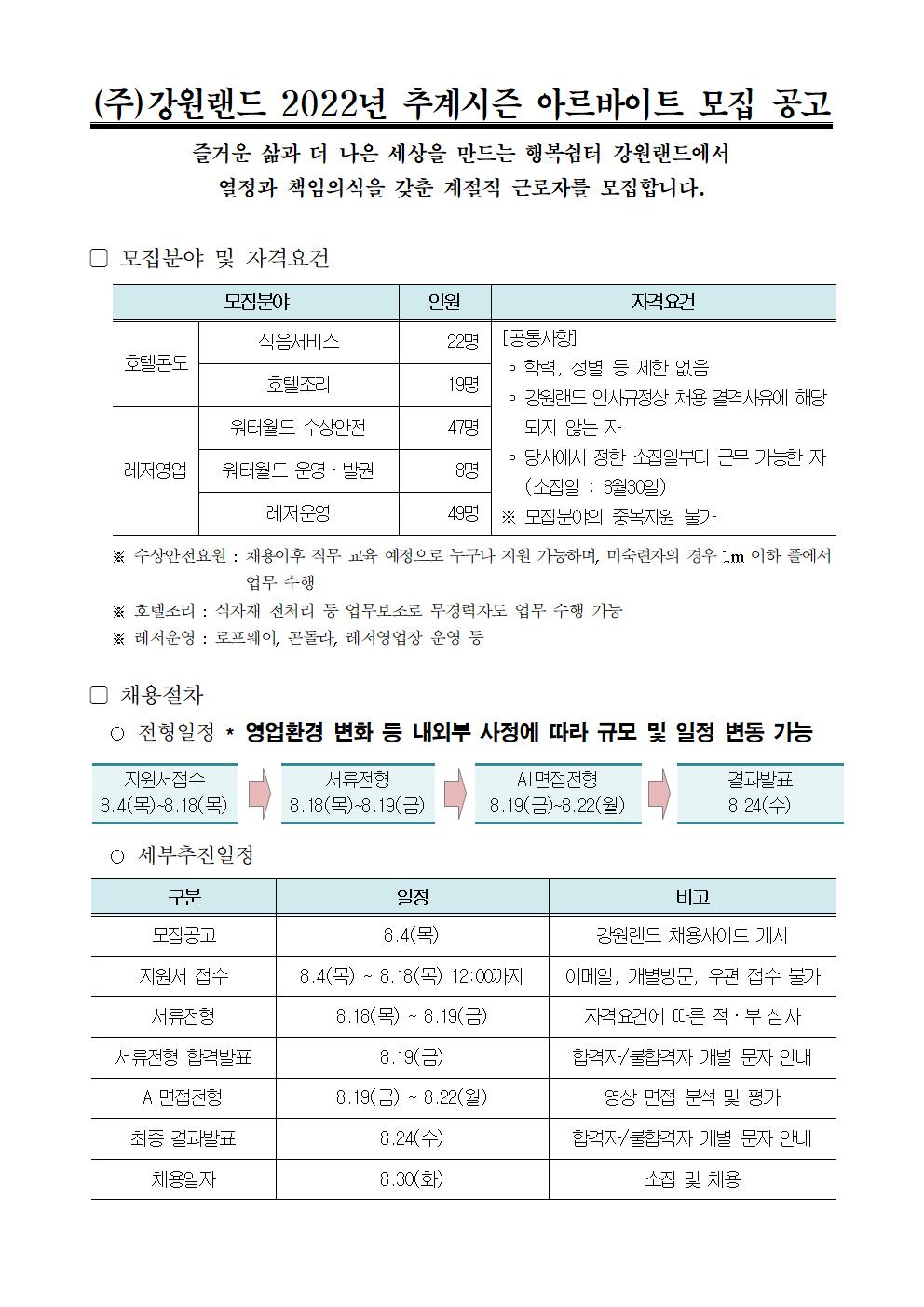 강원랜드 2022년 추계시즌 아르바이트 모집 공고~22년8월18일