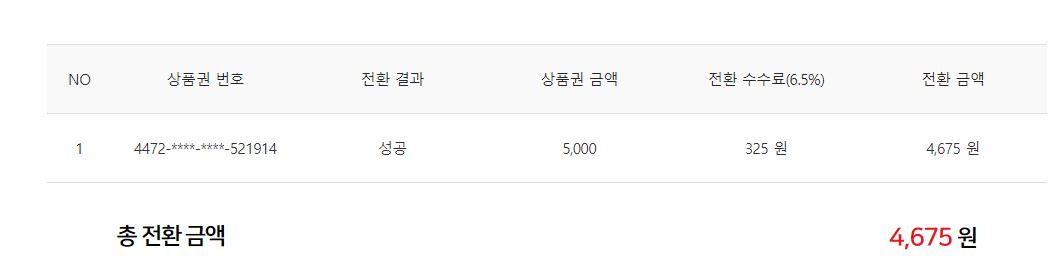 컬처기프트-문화상품권-포인트전환-네이버페이-전환완료화면-수수료차감금액화면