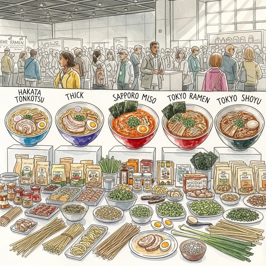 다양한 종류의 라면 제품이 전시된 박람회 풍경