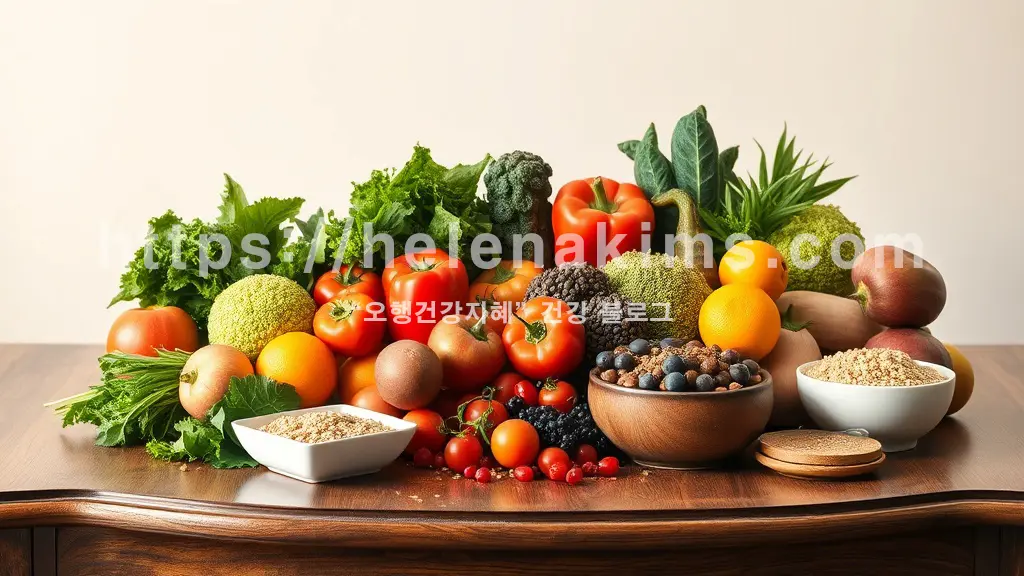 나무 탁자 위에 싱싱한 채소들과 과일 그리고 통곡물이 놓인 모습.