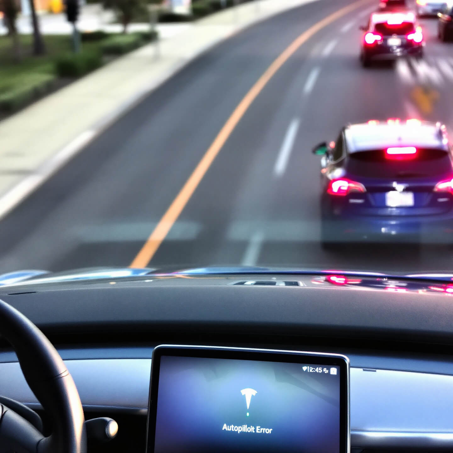 도시 도로에서 테슬라 차량이 다른 자동차와 함께 운행 중인 모습. 차량 내부 디스플레이에 'Autopilot Error'라는 메시지가 표시되며, 운전자가 상황을 예의주시하는 긴장된 분위기