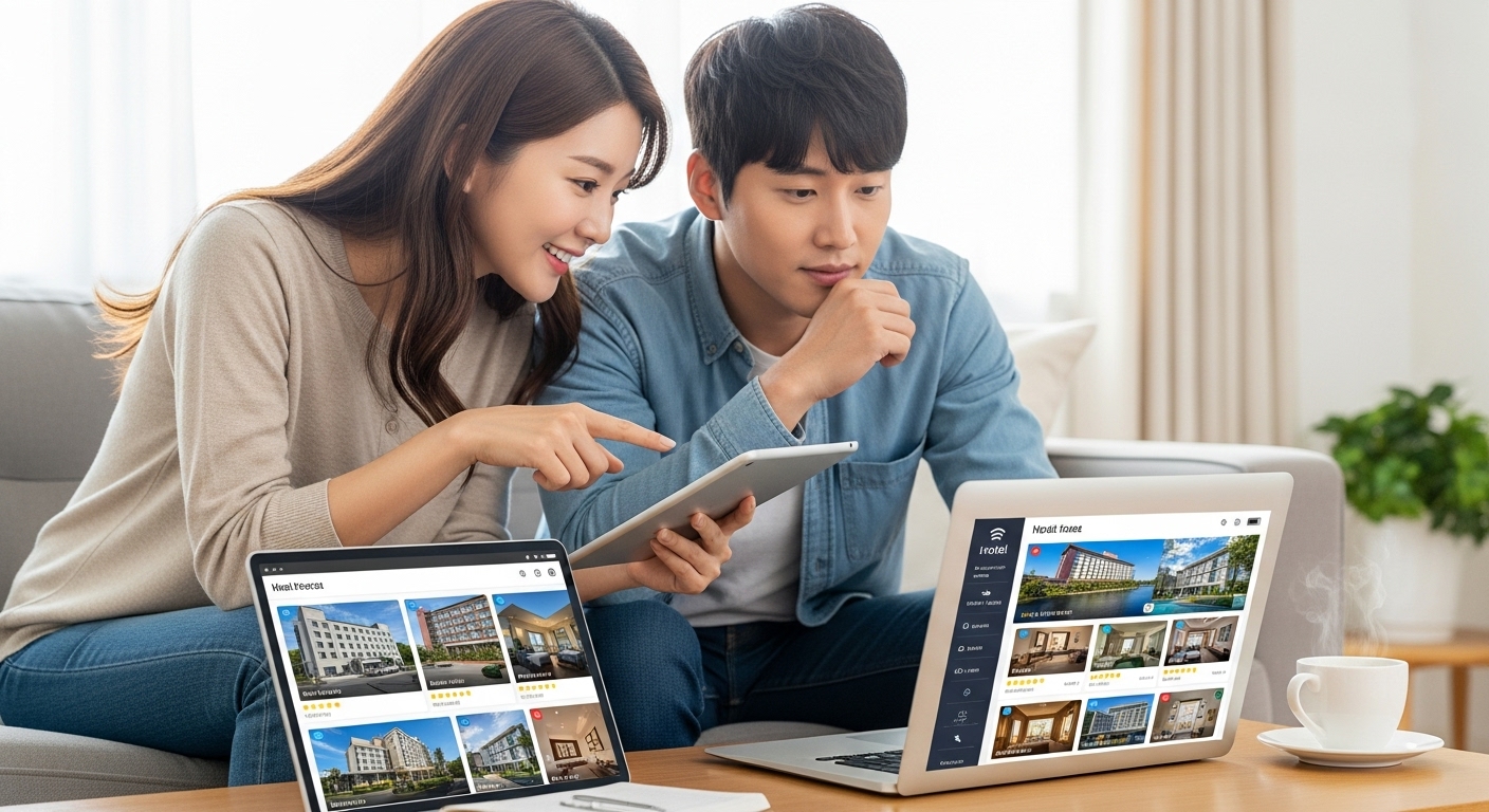 태블릿과 노트북으로 숙소 예약 플랫폼을 비교하며 신중하게 숙소를 고르는 한국인 신혼부부.