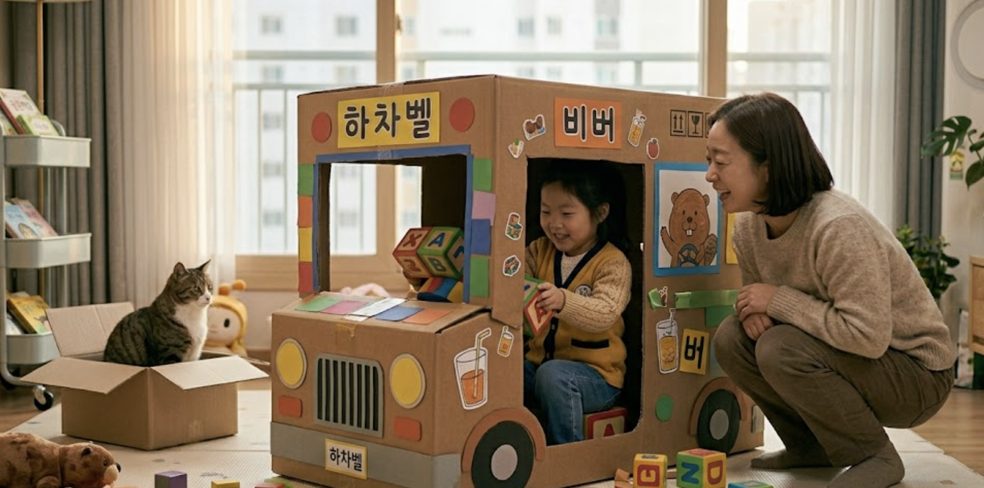 박스를 가지고 버스를 만들어 노는 아이의 모습과 박스에 들어가 그 모습을 지켜보는 고양이를 그린 ai 이미지