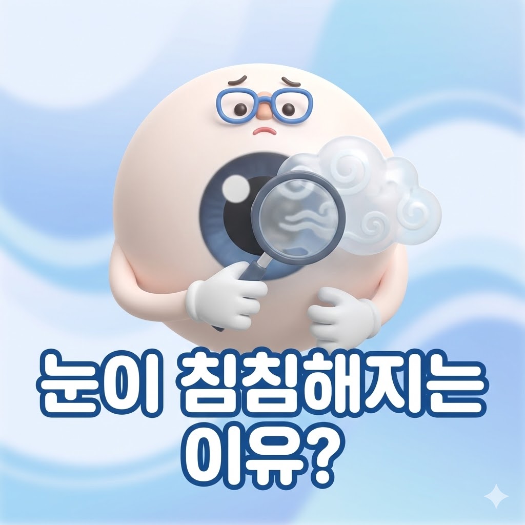 시야가 뿌옇게 보이는 눈 캐릭터가 돋보기를 들고 있으며, '눈이 침침해지는 이유?'라는 한글 텍스트가 적혀 있는 3D 카툰 일러스트.