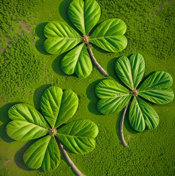 푸른 풀밭 위에 손바닥만큼 커다란 네잎클로버 3개가 활짝 펼쳐져 있다.