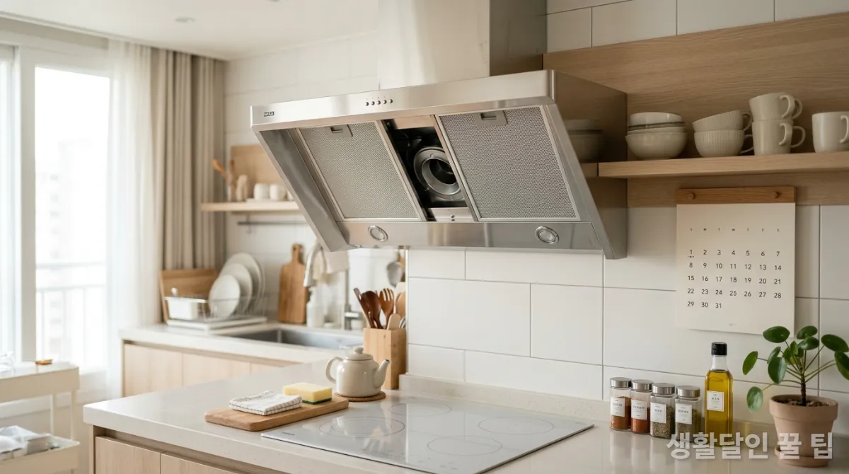 청소 후 깔끔하게 관리된 주방 후드