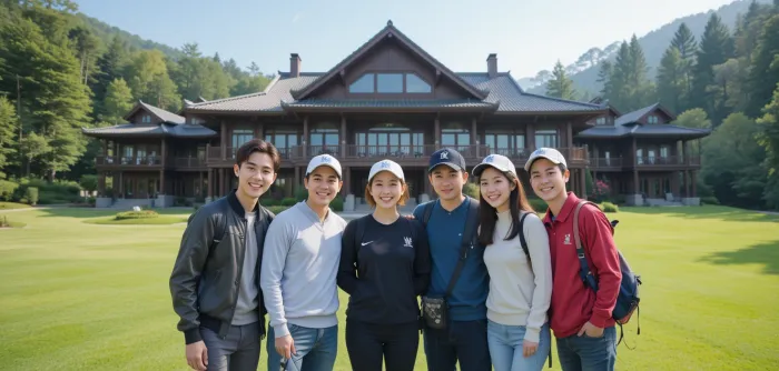 하이원 CC 클럽하우스 앞에서 단체 사진을 찍는 골퍼들의 모습