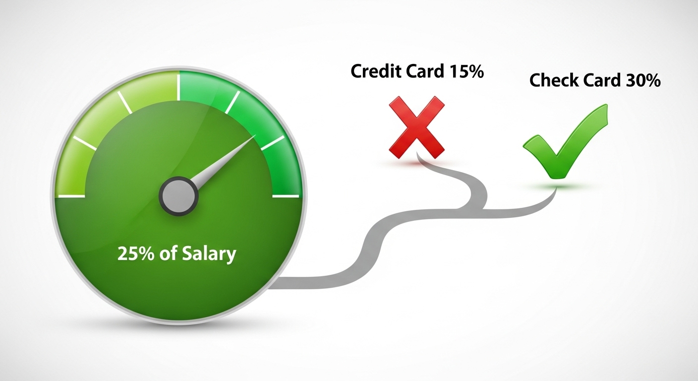 '연봉 25%' 게이지 바(Gauge Bar)가 채워진(Full) 모습과, '체크카드(30%)' '전통시장(40%)'으로 갈아타는 화살표
