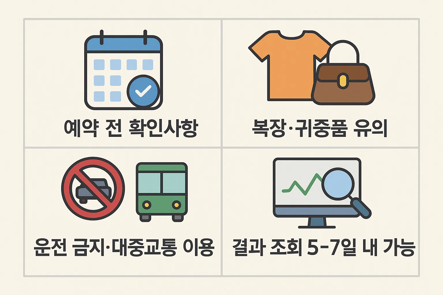 예약 확인, 복장 유의, 대중교통 이용, 검사 결과 조회 기간 등 검진 후 절차를 안내하는 인포그래픽