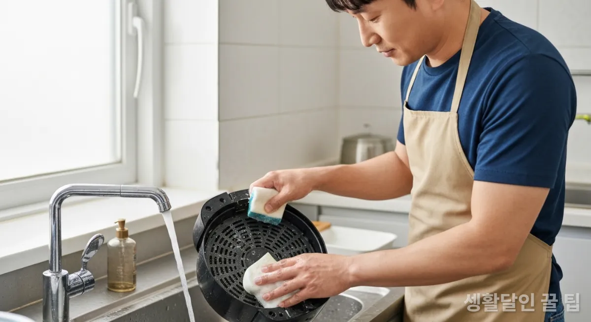 주방세제로 에어프라이어 바스켓을 닦는 한국 남성