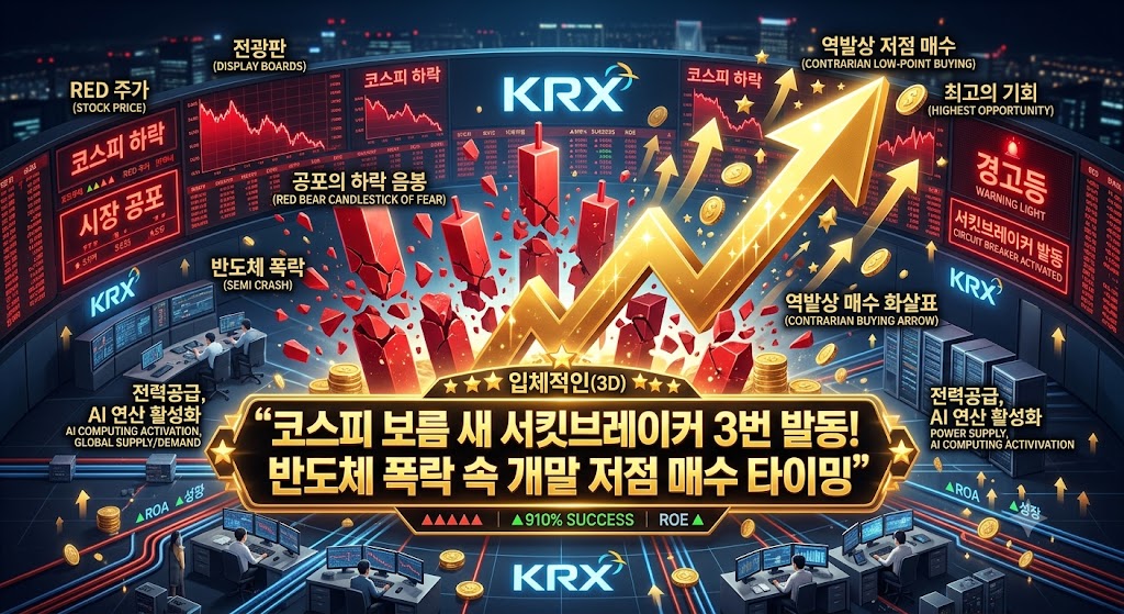 새빨간 경고등이 켜진 한국거래소(KRX) 객장 전광판 위로 "코스피 보름 새 서킷브레이커 3번 발동! 반도체 폭락 속 개미가 살아남을 역발상 저점 매수 타이밍" 골드 타이틀 자막이 선명하게 박혀 있고, 공포의 하락 음봉을 깨부수며 치솟는 역발상 황금색 매수 화살표가 결합된 3D 시황 일러스트 그래픽 이미지.