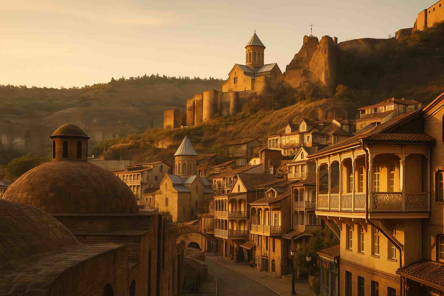 트빌리시의 나리칼라 요새와 유황 온천, 황금빛 노을 속 전통 건축물이 어우러진 거리 풍경