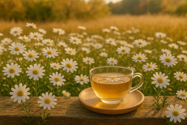 가을 들판에 하얗게 핀 구절초 꽃밭을 배경으로 따뜻한 찻잔에 담긴 구절초차가 놓인 사진