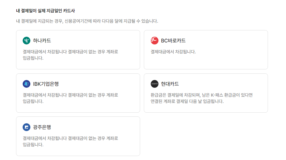 k- 패스 지급기준, 카드사별 지급일과 지급 방식, 카드사 소개, 카드사 고객센터