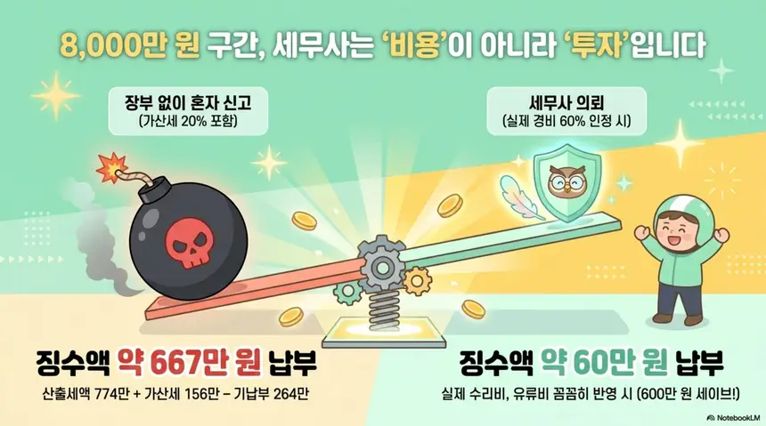 배달라이더 수입별 종합소득세: 연 수입 8000만 원 구간에서 세무사는 비용이 아니라 투자라는 문구와 함께 장부 없이 혼자 신고하면 가산세 20% 포함 약 667만 원 납부이고 세무사에게 의뢰하여 실제 경비 60%를 인정받으면 약 60만 원 납부로 600만 원을 절감할 수 있다는 배달라이더 추계신고와 장부신고의 세금 차이를 시소 비유로 비교하는 이미지