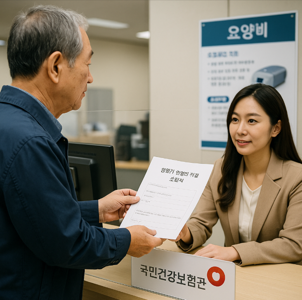 국민건강보험공단 지사 민원실에서 60대 남성이 ‘양압기 요양비 지원 신청서’를 들고 창구 직원에게 서류를 건네는 장면