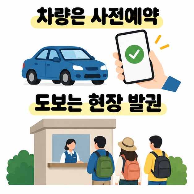차량은 사전예약과 도보는 현장 발권 문구 아래 자동차, 예약 확인 표시가 있는 휴대폰, 매표 창구 앞 방문객을 그린 안내