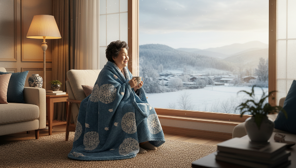 창밖 설경을 바라보며 따뜻한 차를 마시는 노년 여성, 포근한 파란색 담요를 덮고 편안하게 미소 짓는 모습으로 겨울철 시니어 마음 건강과 평온함을 상징함