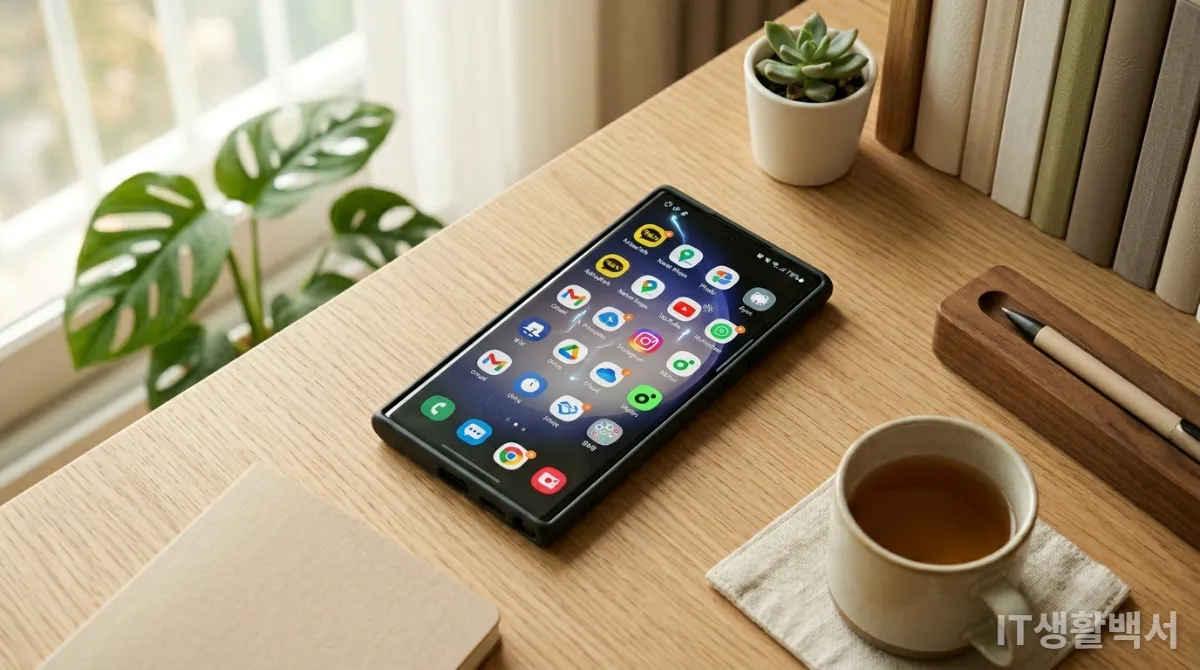 백그라운드에서 실행되는 앱들과 데이터 동기화 아이콘이 보이는 스마트폰 화면