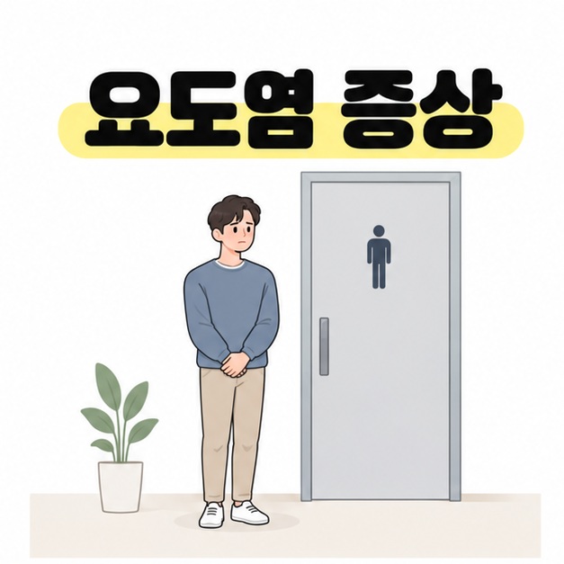 요도염 증상이라는 제목 아래 파란 상의를 입은 남성이 화장실 문 옆에 서 있는 그림