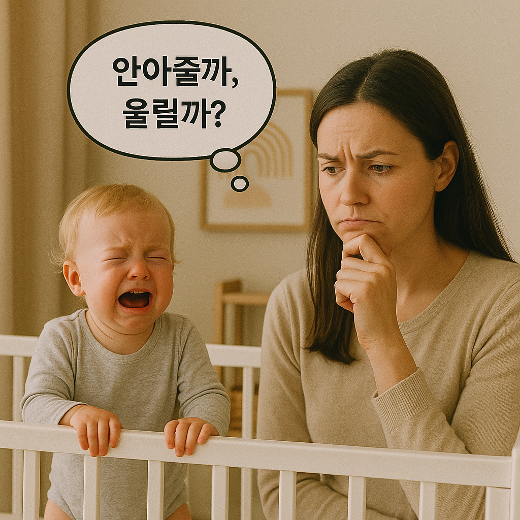 안아줄까 울릴까 고민하는 엄마