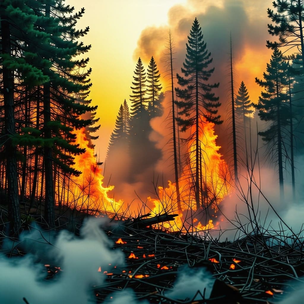 산불이 발생하는 순간의 사진. 불길이 나무를 태우고 있는 모습.