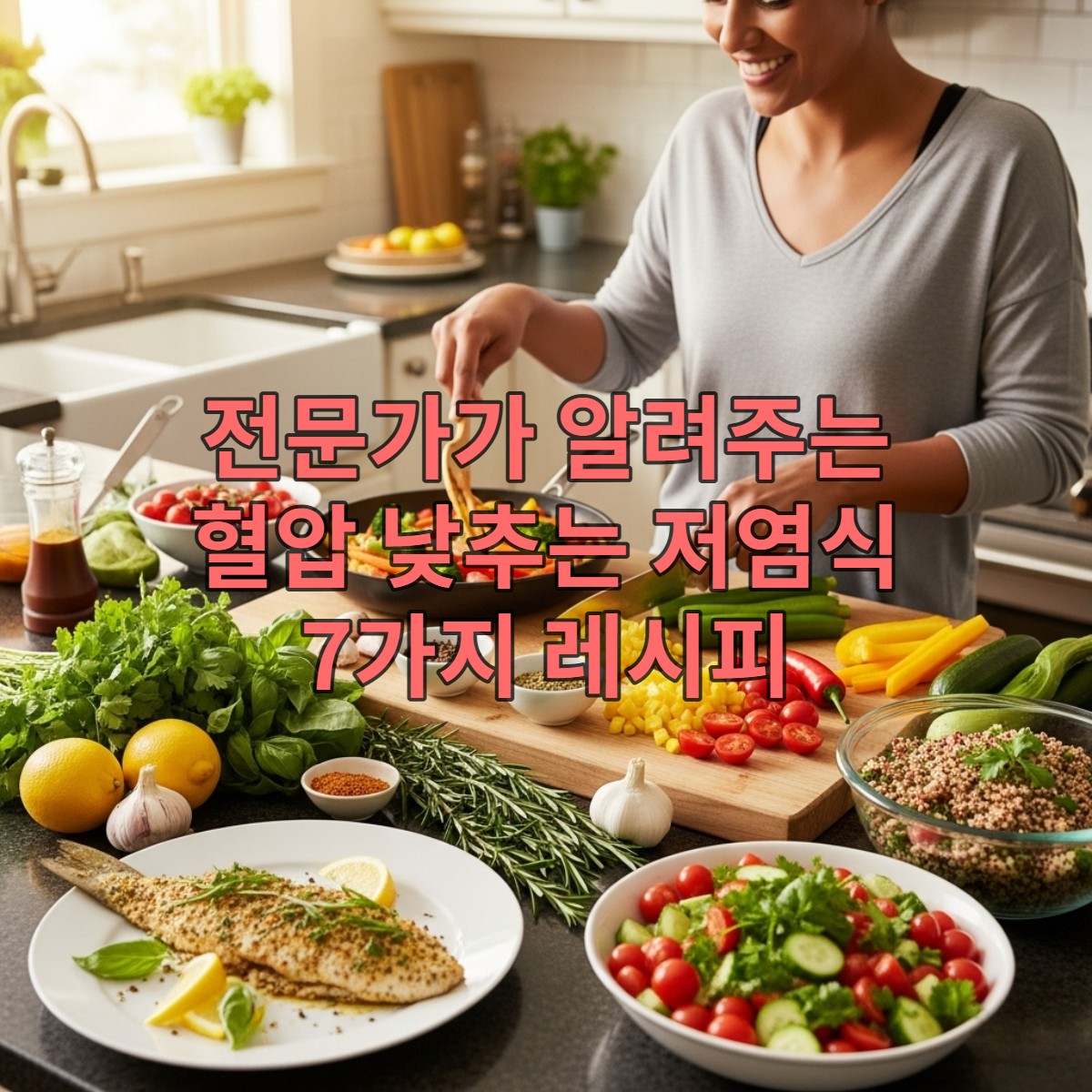 다양한 신선한 채소와 허브로 가득 찬 식탁에서 소금 없이 맛있게 요리하는 사람의 모습