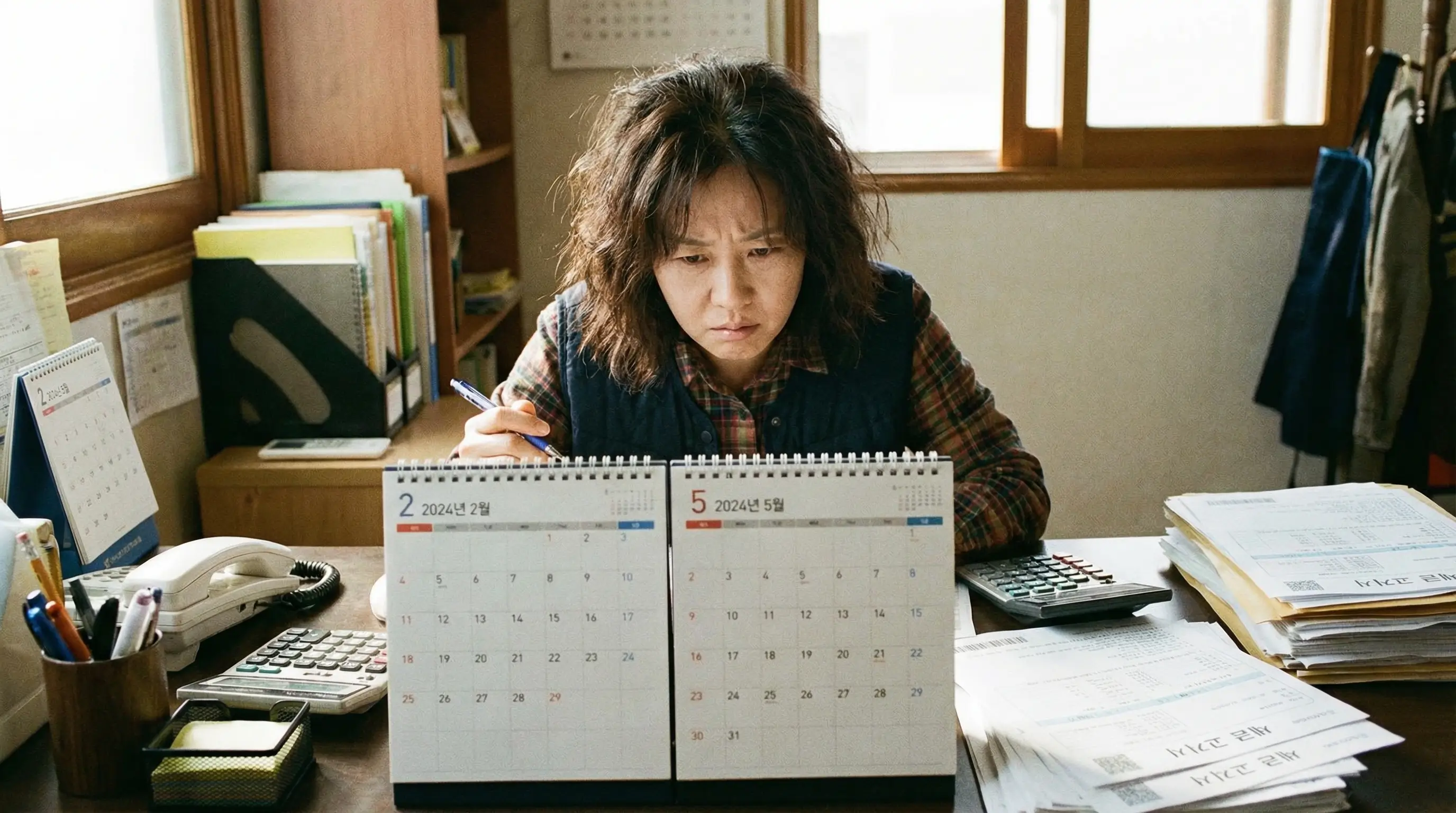 달력을 보며 2월과 5월 사이에서 고민하는 개인사업자의 모습, 계산기와 세금 고지서가 놓인 책상