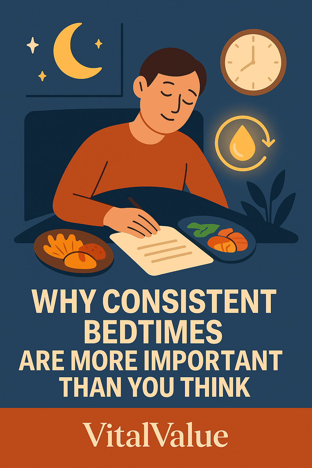 &ldquo;Flat night-style illustration of a person peacefully sleeping with a clock showing regular bedtime and a glowing sleep cycle icon, symbolizing why consistent bedtimes are important.&rdquo;
