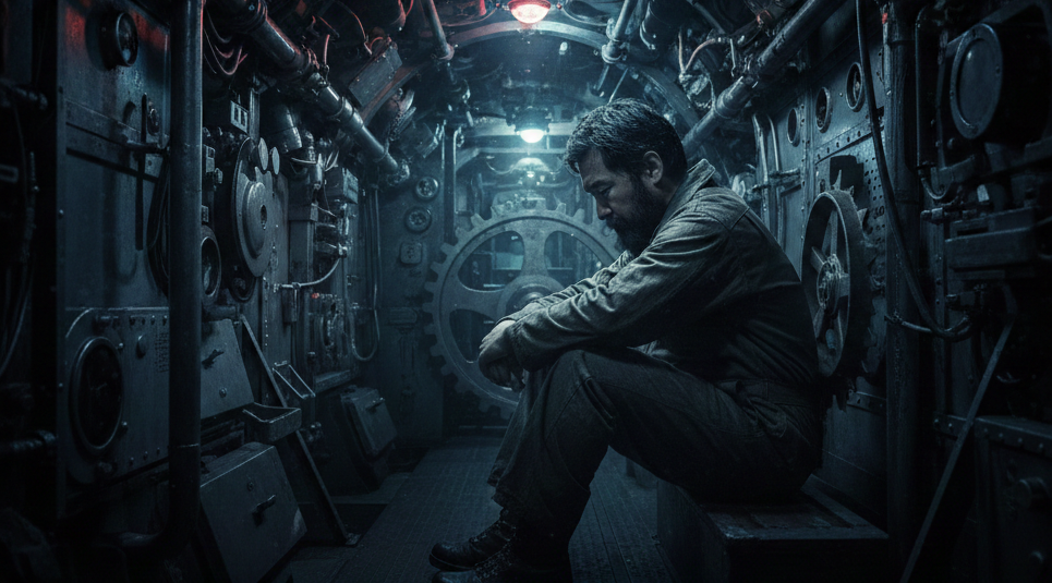 영화 특전 U보트 속 승조원들이 겪는 폐쇄 공포와 시스템의 부품으로 전락한 인간의 고뇌를 형상화한 잠수함 내부 이미지