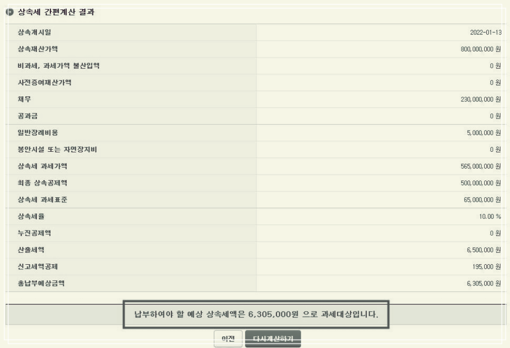 상속세 간편계산 결과