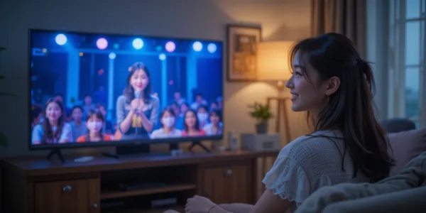 미스트롯4 방송을 확인하며 방송을 시청 중인 여성의 따뜻한 거실 장면 