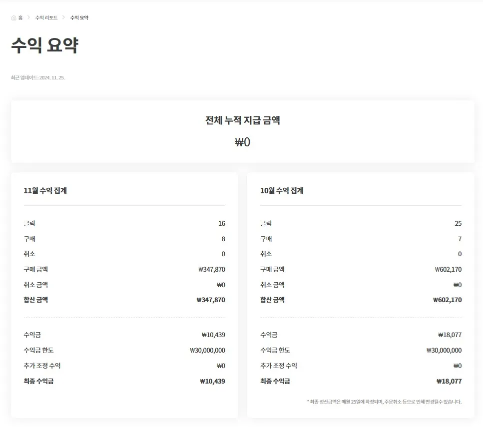 쿠팡파트너스-홈페이지-수익요약-현황표