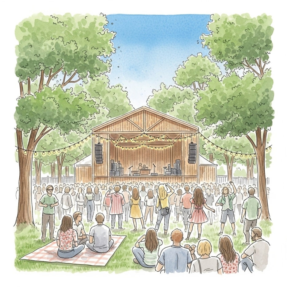 푸른 하늘 아래 펼쳐지는 야외 무대 공연 모습