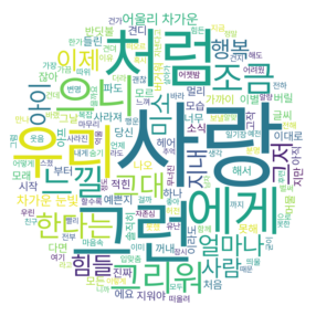 노래 가사 워드클라우드 생성을 통해 출력된 원형 모양의 텍스트 뭉치
