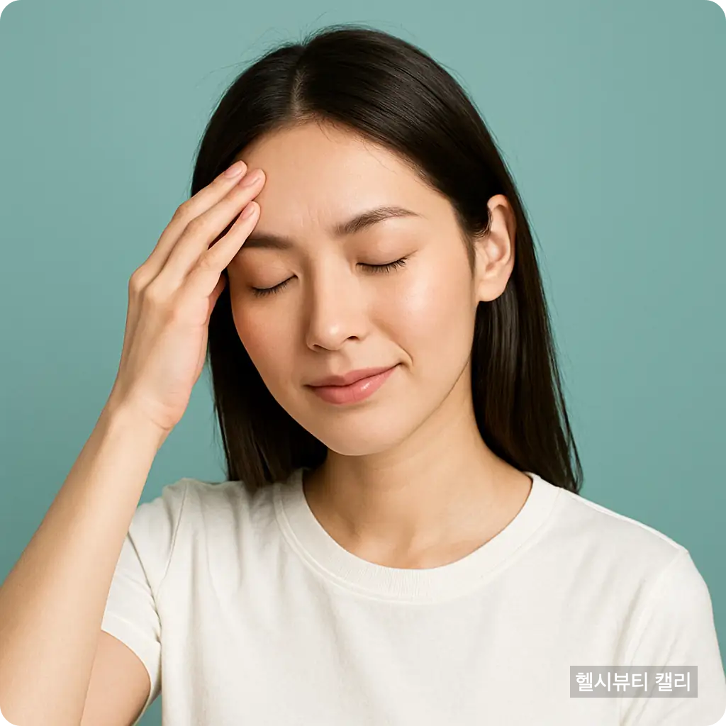 이마를 짚고 눈을 감은 젊은 여성, 두통이나 기억 상실을 표현하는 표정