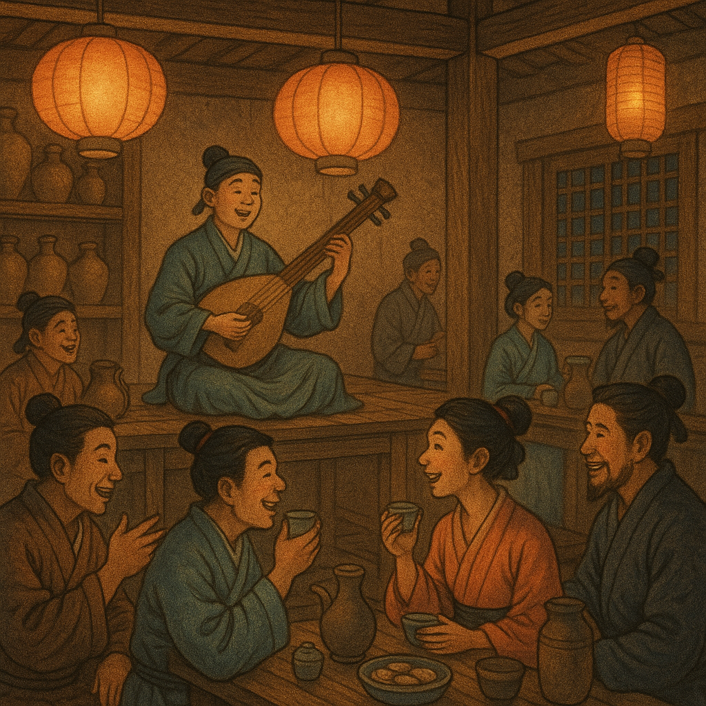 술집과 찻집에서의 담소와 음유시인 공연 모습